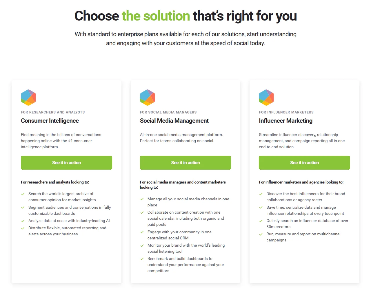 Brandwatch plans page with three solution cards and See it in action buttons, and no prices