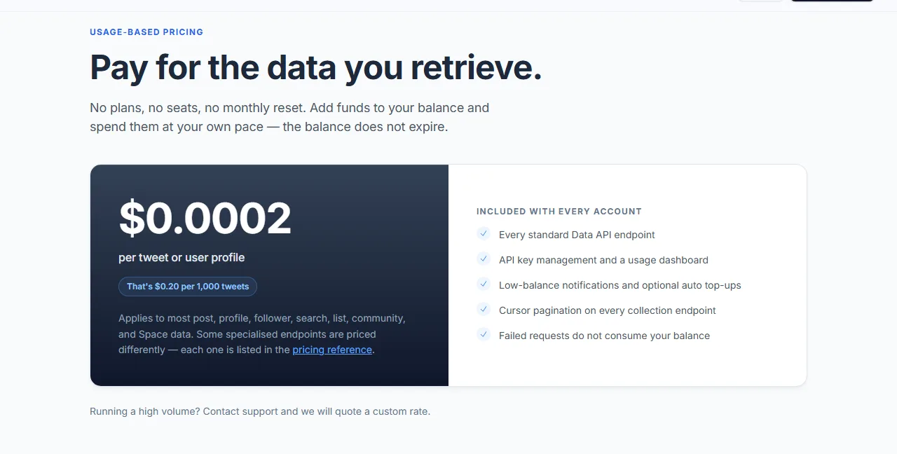 SocialData pricing section showing $0.0002 per tweet or user profile, pay as you go, with no plans