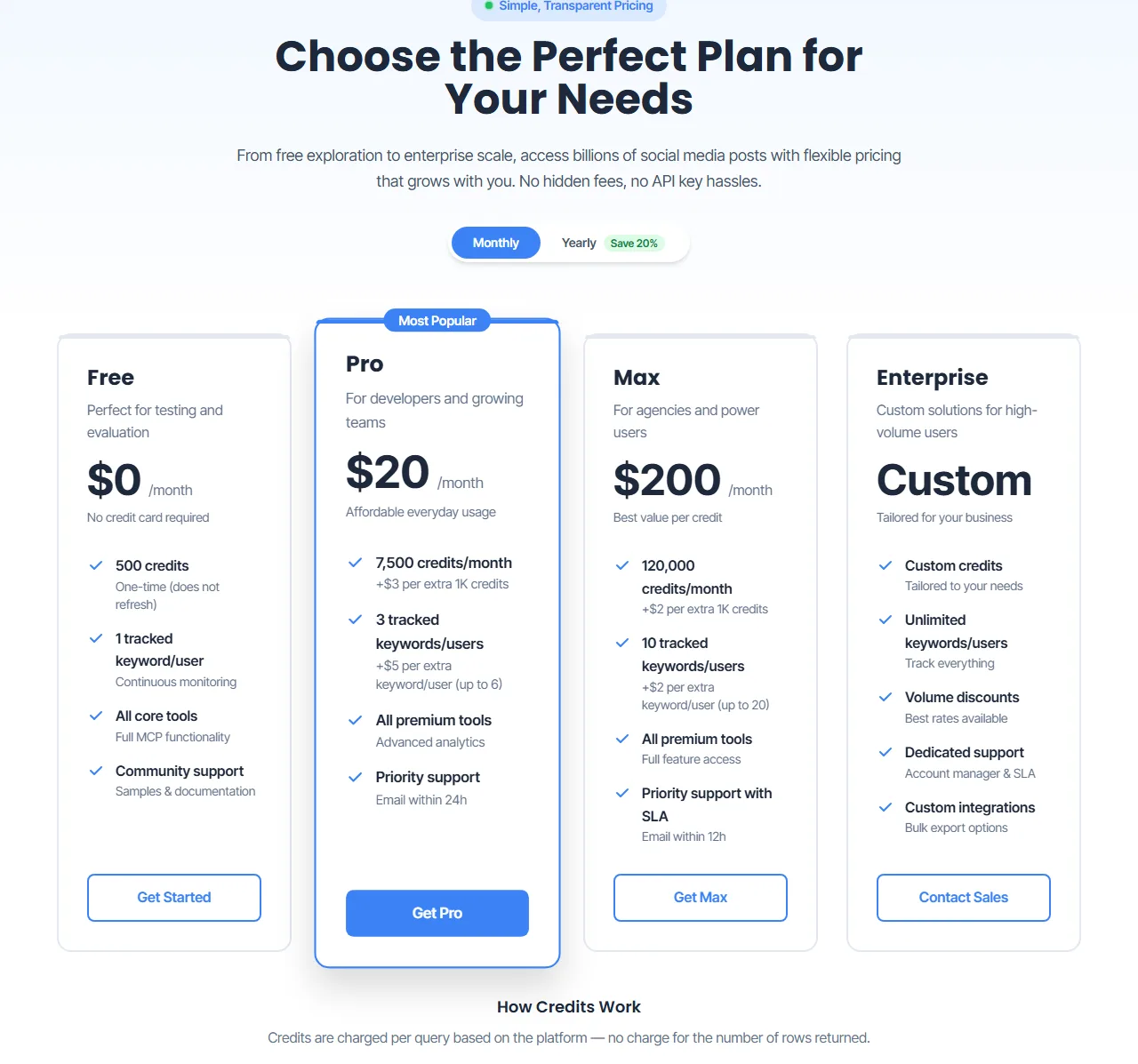 Xpoz pricing page with its Free, Pro, Max and Enterprise plans and credits per query