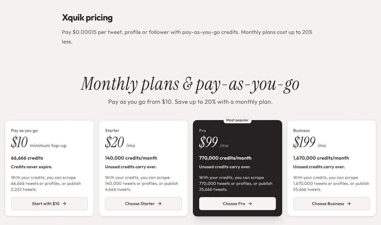 Xquik pricing page with its pay-as-you-go top-up and Starter, Pro and Business plans